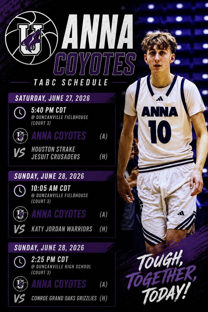 Noah_Foster2027's tweet photo. Here is my TABC schedule. Ready to WORK! 💪🏼🟣⚫️⚪️🏀
#cu #annacoyotes #tabc #2027prospect #classof2027  #TexasHoops 
@Annamensbball @KyleP_11 @AssaultSouthern @coachvonzell1 https://t.co/wjtpetLx7c