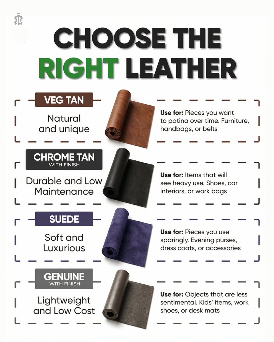 isitleather's tweet photo. Not all leather is created equal, and not all leather is meant for the same job.

Veg tan ages with character.
Chrome tan is built for durability.
Suede prioritizes feel.
Genuine leather focuses on practicality.

Leather isn’t one material, it’s a toolkit. https://t.co/FkOePjl49R