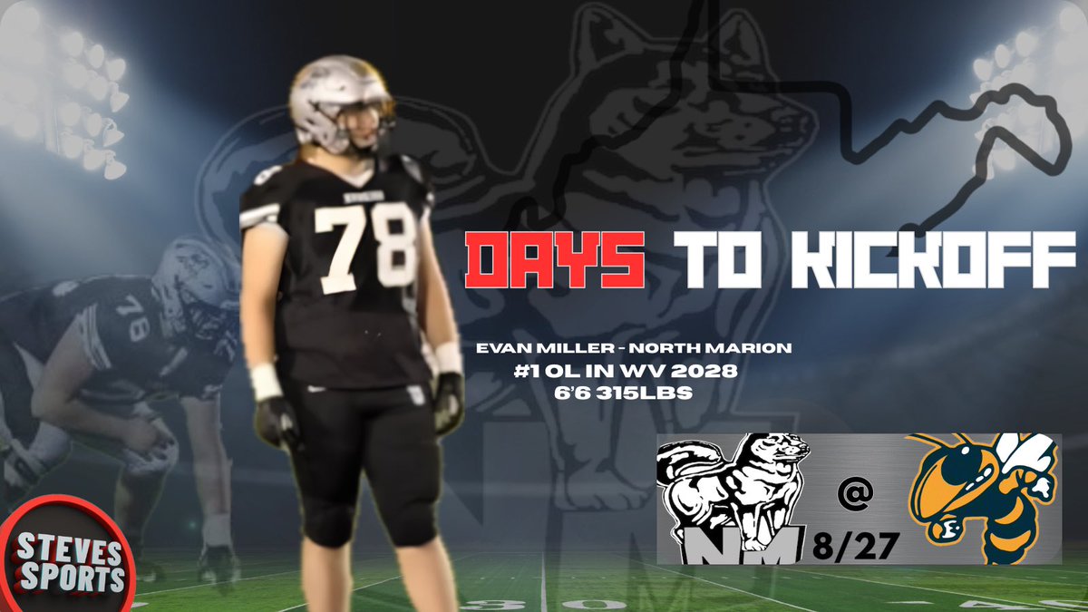 StevesSportsYT's tweet photo. Gonna start a daily countdown to West Virginia High School Football 🔥

78 DAYS until the season starts with some Thursday night football including Evan Miller (@Evan_Miller78) and the North Marion Huskies going on the road against the East Fairmont Bees on the opening night of WV football ! Miller is the #1 Ranked lineman in West Virginia’s highly touted 2028 Class ! At 6’6 315lbs he’s a massive human with great agility for his size , and an insane amount of potential ! The Huskies lineman will be a name to remember over the next 2 seasons ! 
#wvprepfb #wvfootball #wvhsfootball