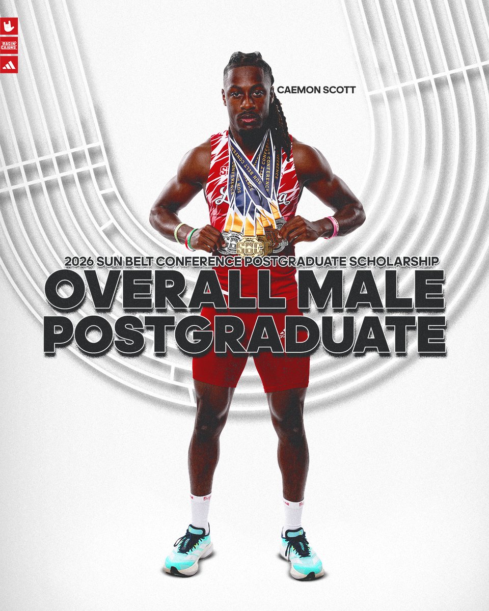RaginCajuns's tweet photo. A seven-time All-Sun Belt honoree and the conference’s 400m indoor champion in 2026, Louisiana's Caemon Scott is the SBC Postgraduate Scholarship recipient. 

#GeauxCajuns | #TheCajunWay | @_thecaemonscott https://t.co/EkQClkfhLs