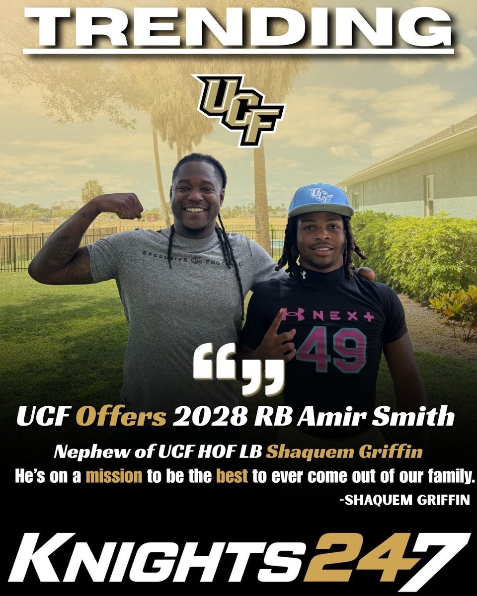 Andrew_Cherico's tweet photo. TRENDING: 2028 running back prospect Lakewood (Fla.) Amir Smith is picking up one of the hottest trails.

(Open) Read Here: https://t.co/3aQT1w59pL

Smith notably recieved an offer from UCF and is also the nephew of UCF Hall of Famer Shaquem Griffin who says Smith is looking to be the best in the family. 📈