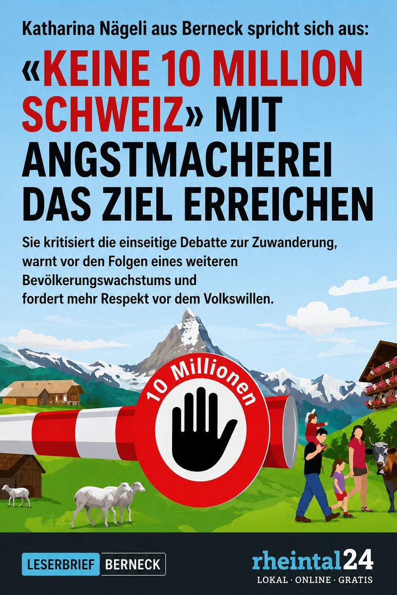 Matthias_Teh's tweet photo. Die Gegner der «Keine 10-Millionen-Schweiz»-Initiative überbieten sich mit Angst­szenarien: Ohne immer mehr Zuwanderung gehe der Wohlstand verloren 😱, die Wirtschaft breche ein 📉, die AHV sei nicht mehr finanzierbar 💸, Europa bestrafe uns 🇪🇺 – und am Ende fehle angeblich sogar Personal in Spitälern und Restaurants! Mit diesen Angstparolen manipulieren sie die Stimmbürger für ein Nein. Die Tatsache, dass bei Annahme auch weiterhin 40'000 Personen pro Jahr einwandern dürfen, wird verschwiegen. Das ist Angstmacherei pur! 🇨🇭🚨

Katharina Nägeli aus Berneck hat recht: Die Schweiz ist ein kleiner Punkt auf der Weltkarte. Deutschland ist flächenmässig gut neunmal so gross, Italien siebenmal, Frankreich etwa 13,3-mal. Wir können unser Land nicht vergrössern. Begrenzte Landflächen für Landwirtschaft, Selbstversorgung und Grünflächen, die uns Lebensqualität und Erholung bieten. Wollen wir das alles zerstören? 🌲🌳🏞️ Nein!

Es bräuchte die Nachhaltigkeitsinitiative gar nicht, wenn das Parlament die 2014er Masseneinwanderungsinitiative umgesetzt hätte. Bundesbern vergisst, für wen es tätig ist – Entscheidungen fernab vom Volkswillen. Anfragen der Menschen werden nicht ernst genommen. Die Veränderung muss vom Volk kommen! 🗳️💪

Schon heute überfüllte Züge und Strassen 🚂, knappe teure Wohnungen 🏠, Grünflächen schwinden 🌳➡️🏗️. Jede zusätzliche Person braucht Platz, Infrastruktur, Energie – Realität, keine Polemik. Die Initiative setzt eine vernünftige Grenze und zwingt zu langfristiger Planung statt Problemverschiebung. Nicht Abschottung, sondern Planbarkeit und Verantwortung! Darum am 14. Juni JA zur «Keine 10-Millionen-Schweiz»! ✅🇨🇭

Lest den Leserbrief: https://t.co/Au14FAhL1e
#10MioSchweiz #Nachhaltigkeitsinitiative