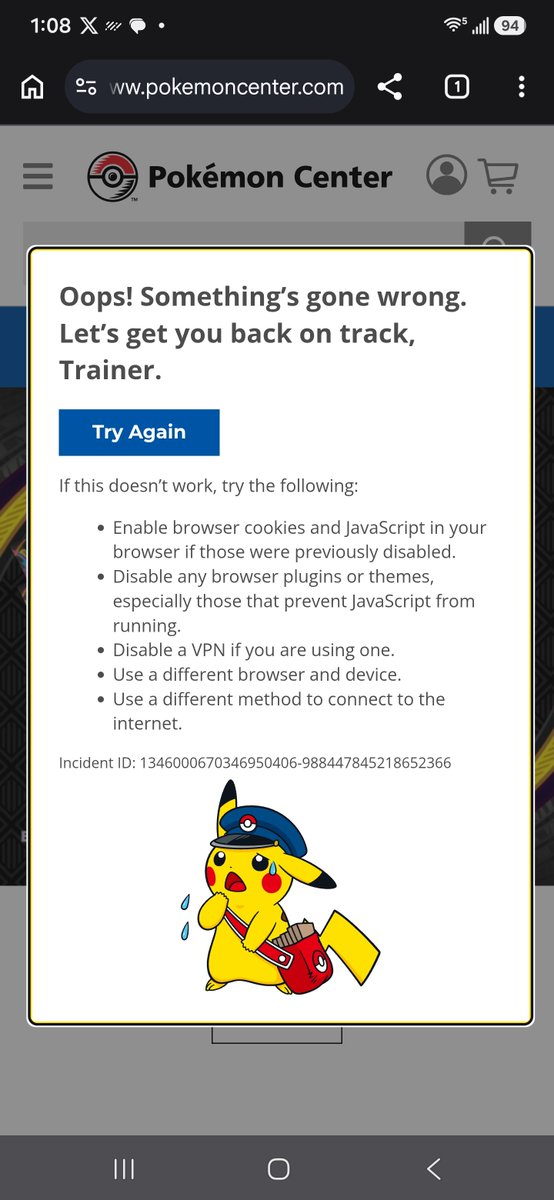 CandlerRoadFlow's tweet photo. @PokemonRestocks Was first to queue and couldn't get this pass this screen. I hate this https://t.co/c4cVl9lvrd