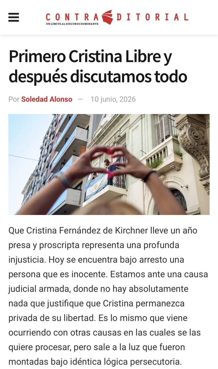 soleaalonso's tweet photo. Escribí estas palabras porque no podemos permitir que la indiferencia gane la batalla: primero #CristinaLibre. Después discutamos todo. ✌️🇦🇷

Cristina representa una bandera que no se puede bajar porque, además de expresar rebeldía, es justa, tiene soberanía con el pueblo, nos da independencia económica y nos da justicia social. 

🔗  Comparto mi nota completa en: https://t.co/tO5irUbjE0