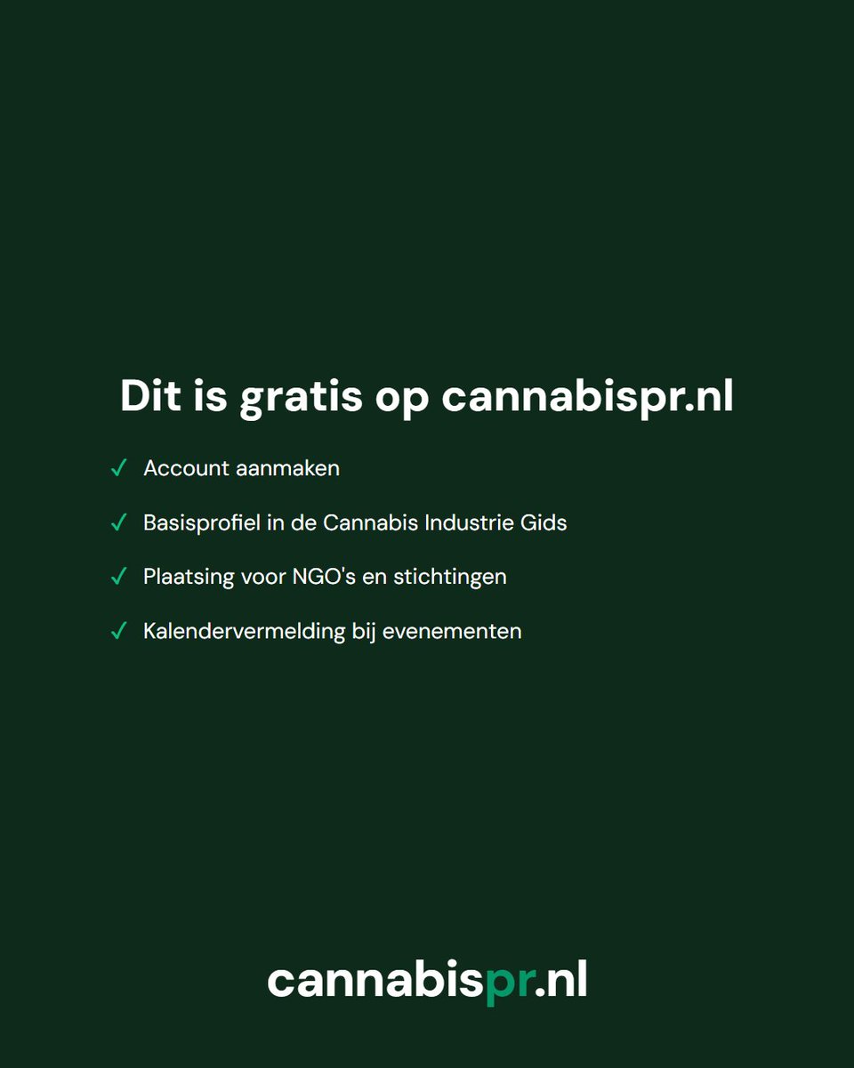 cannabisprnl's tweet photo. Niet alles op https://t.co/VunMNEBTb9 kost geld.

Een gratis account aanmaken, je basisprofiel in de Cannabis Industrie Gids, plaatsing als NGO of stichting, en je evenement in de kalender op alle platforms. Allemaal gratis. https://t.co/15INKg0klu
