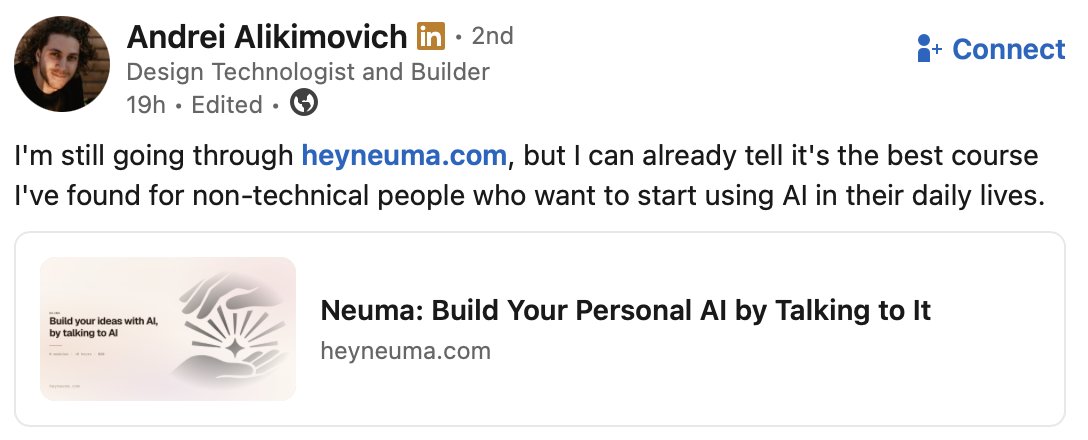 krispuckett's tweet photo. Sorry for the navel-gazing, but seeing comments randomly show up with people stoked about NEUMA, is otherworldly. 

I'm working really hard on more advanced content and hope to have a few modules uploaded next week. 

If you have anything about AI you're dying to learn, DM me.