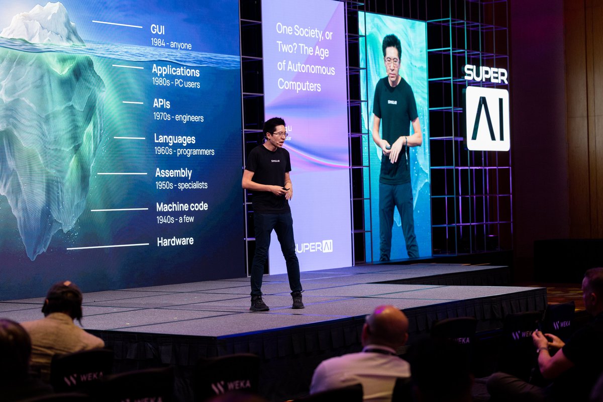 angli_ai's tweet photo. just gave my keynote at #SuperAI2026.

the key takeaway: the GUI is the shared surface where humans and agents build trust.

the through-line of computing for the past 80 years has been one thing. computers becoming smarter, more visible, more glanceable, more part of our world.

ENIAC → Alto → Macintosh → laptop → phone.

the future follows the same arc. smarter. more visible. more part of our world.

which means the next era of agents won't live in APIs or CLIs.

they have to operate where humans already operate.

that's the GUI.

the shared surface is the key to building trust between humans and agents.