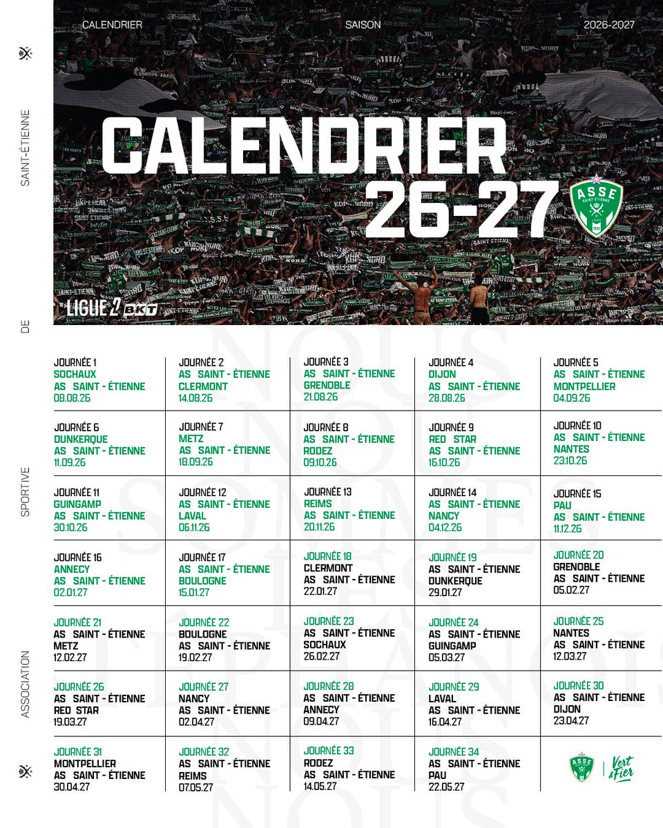 ASSEofficiel's tweet photo. Le calendrier des Verts, saison 26/27 ! 💪 https://t.co/AZCvbCq2lH