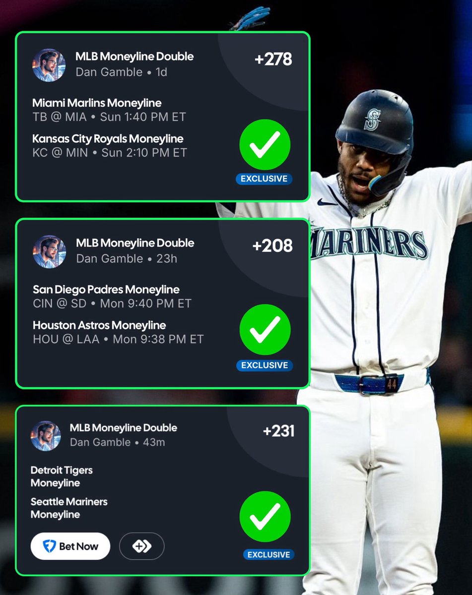 DanGambleAI's tweet photo. 🔥 I can’t miss on the MLB Moneyline Doubles! 

👉 View today’s: https://t.co/g23Q8585jI

✅ Sunday: +278
✅ Monday: +208
✅ Tuesday: +231
❓ Wednesday: +244

It’s amazing to see so many of you cashing, let’s make it four-in-a-row! 🤩 https://t.co/8e5767ftGl