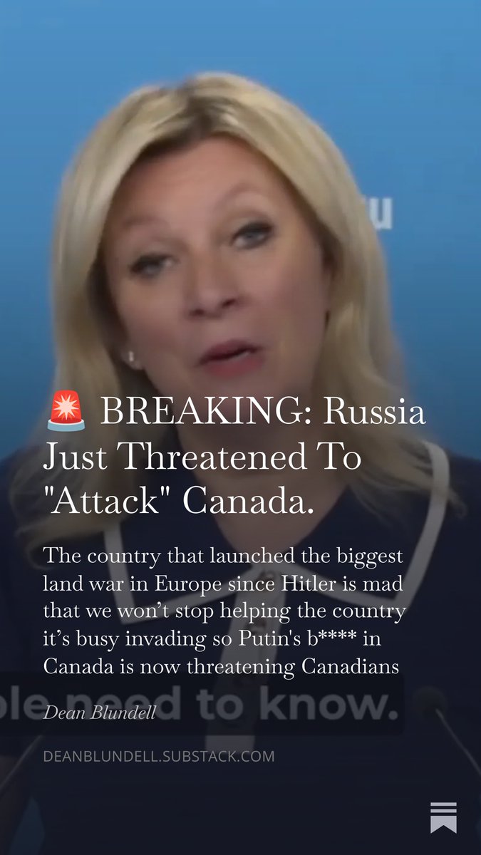 ItsDeanBlundell's tweet photo. 🚨 Russia just threatened Canada.
The country that started the biggest war in Europe since Hitler — the one bombing apartment blocks and stealing Ukrainian kids — went on state TV today and called CANADA the warmonger. 🇨🇦
Why? Because we agreed to build drones for Ukraine on Canadian soil.
So Moscow's mouthpiece, Maria Zakharova, announced Russia will publicly publish the addresses of those Canadian factories "so people can be informed."
That's not a press release. That's a target list. 
Every accusation is a confession. They invade, then call the victims terrorists. They threaten our factories, then cry that WE'RE the dangerous ones. Pure projection, and it only works if we flinch.
We don't flinch. 
I broke the whole thing down — the threat, the playbook, and why the only correct Canadian answer is "absolutely not, now build more drones." 👇🔗 https://t.co/PxQQhSdWZh
Subscribe. Share it with your Ukraine-skeptic uncle. Informed Canadians aren't optional right now.
— Dean