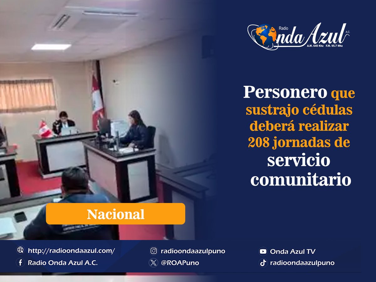 ROApuno's tweet photo. 🔵🟡 #Nacional | El Poder Judicial sentenció en Arequipa a Miguel Tupayachi por sustraer 261 cédulas de votación en la segunda vuelta electoral. La pena de cuatro años de prisión fue convertida en 208 jornadas de servicios comunitarios.

#ROA68años
#OndaAzulNoticias https://t.co/t2H36rt5Za