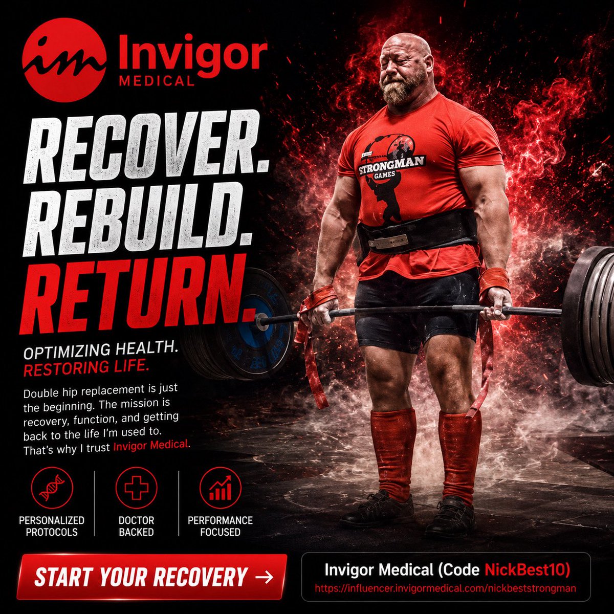 nickbeststrong's tweet photo. RECOVER. REBUILD. RETURN. โก
Double hip replacement surgery was just the beginning.
Now itโs about recovery, mobility, and getting back to doing what I love.
Proud to partner with Invigor Medical.
Use Code: NickBest10
https://t.co/iGFLvmzaqs
#InvigorMedical #NickBest https://t.co/asUXxFz4Ec
