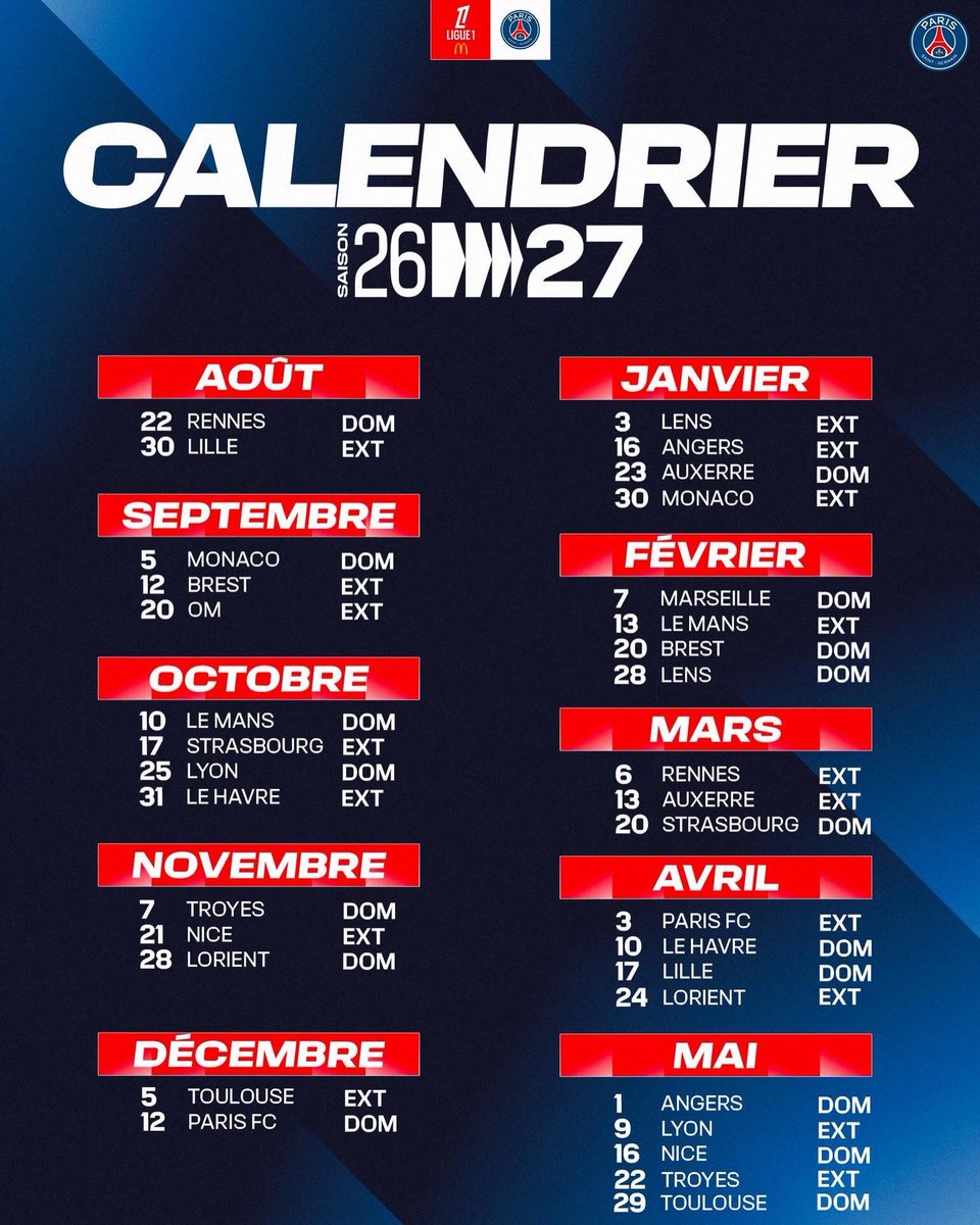 Xparisnolimit's tweet photo. ❤️💙📆🇫🇷 Le calendrier officiel du PSG en Ligue1 2026-2027 https://t.co/VuoIABIXMQ
