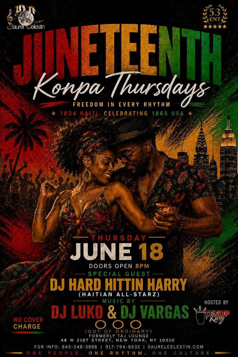 saurelcelestin's tweet photo. Next Thursday, June 18, Konpa Thursdays celebrates Juneteenth at OOO, formerly Taj Lounge.

Join us for Freedom in Every Rhythm, featuring special guest DJ Hard Hittin Harry of Haitian All-Stars, with music by Dj Luko &amp; DJ Vargas.

Mark your calendar and make your plans early. https://t.co/HRnNyWHKws