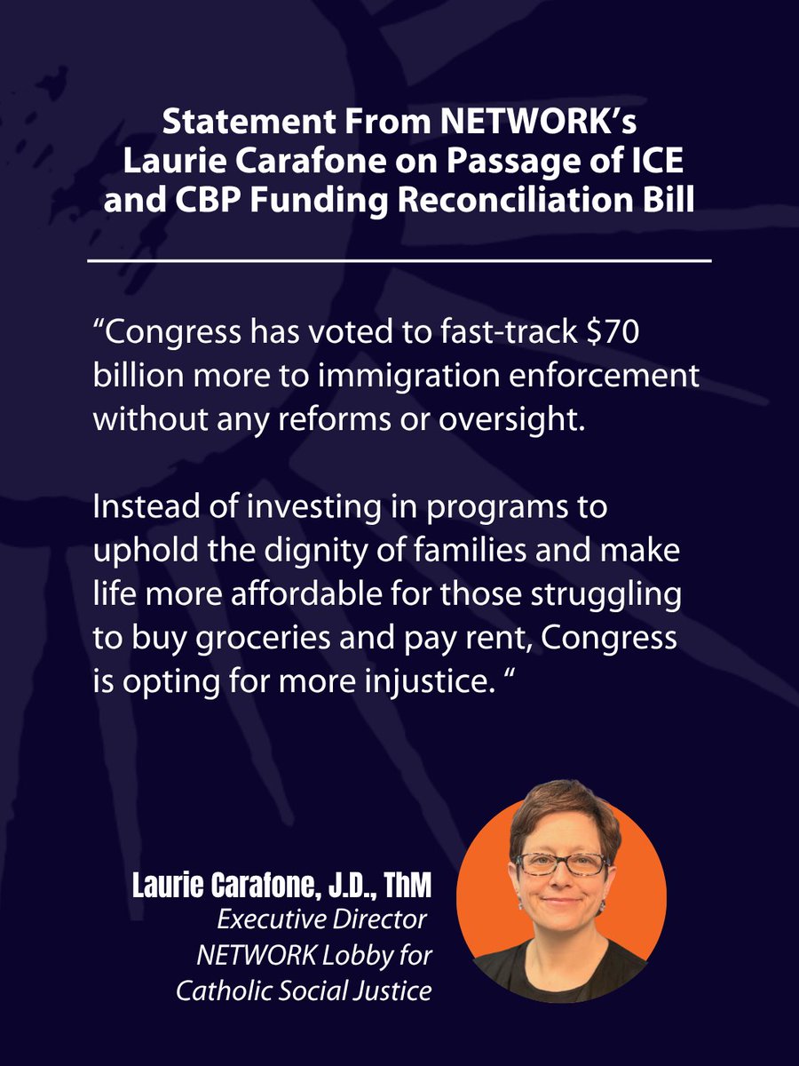 NETWORKLobby's tweet photo. The budget bill that has been advanced along partisan lines by lawmakers in Congress is a testament of misplaced priorities, says NETWORK Lobby's Executive Director Laurie Carafone, J.D., ThM. 

Read more by clicking the link in our bio and selecting " NETWORK statements and press releases".