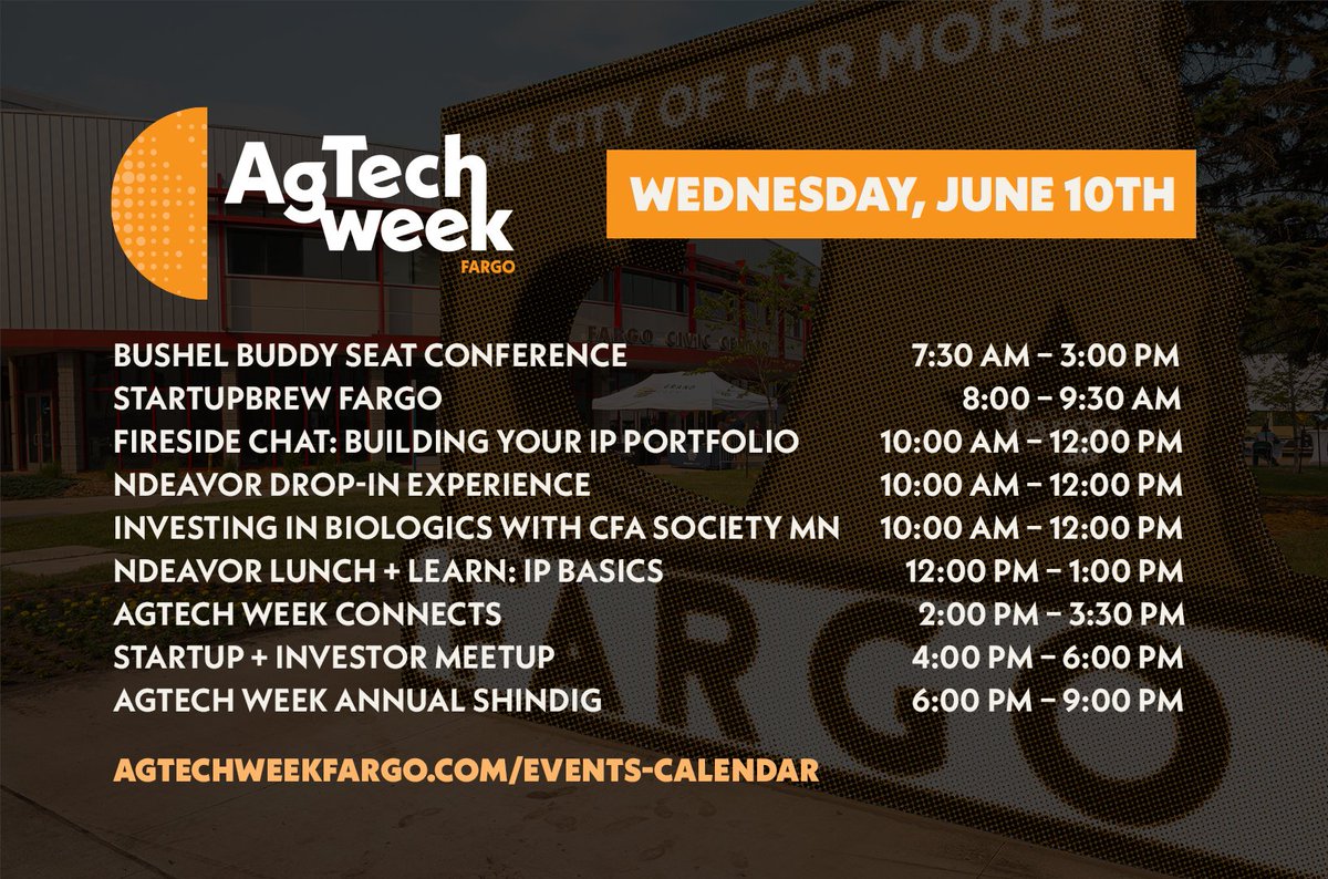 TheGrandFarm's tweet photo. Day 3 of #AgTechWeek... let's go! Featuring:
🔸 A fireside chat about IP
🔸 An NDeavor Lunch & Learn and drop-in experience
🔸 AgTech Week Connects throughout downtown Fargo
🔸 A Startup + Investor meetup
🔸 @BushelFarm Buddy Seat Conference
🔸 The AgTech Week Annual Shindig! https://t.co/g1EDBI8UXF