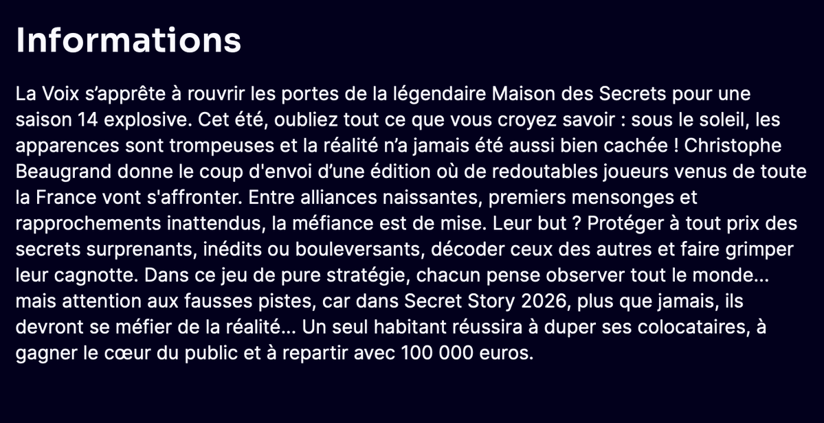 staraccount225's tweet photo. La page de #SecretStory est en cours de mise à jour sur TF1+ ! https://t.co/Tv4Y8l3Y6h