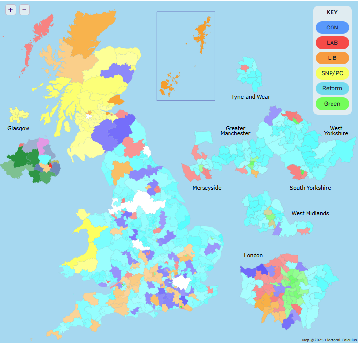 HeracleanVision's tweet photo. Reform on track for a landslide according to More in Common, with 375 seats. Kemi Badenoch narrowly losing out on leading the opposition to Ed Davey. Labour in fourth, only five seats ahead of the SNP. https://t.co/ZJXLbf5GfW