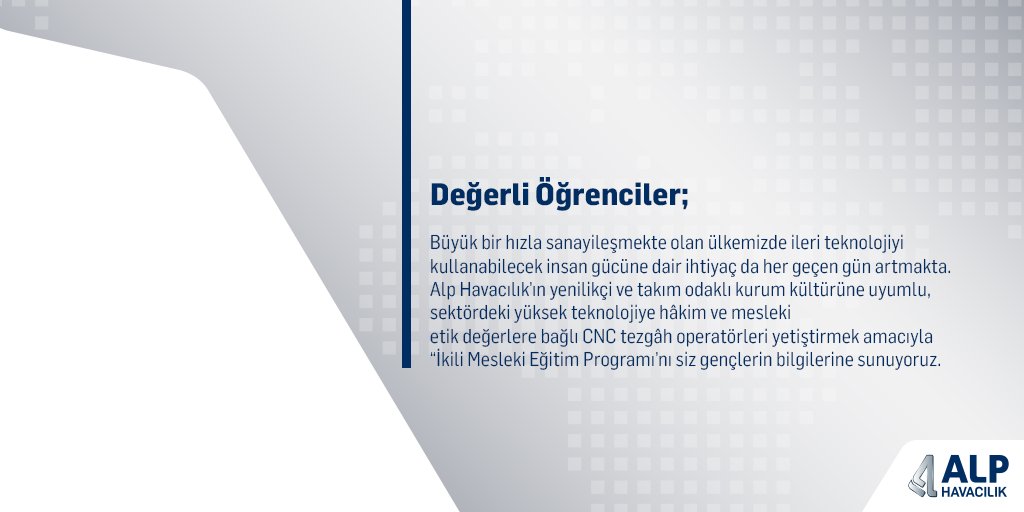 AlpKariyer's tweet photo. Alp Havacılık İkili Mesleki Eğitim Programı yeni dönemi başlıyor.

#AlpHavacılık #AlpHavacılıkKariyer #MeslekiEğitim https://t.co/tX42dVq3wv