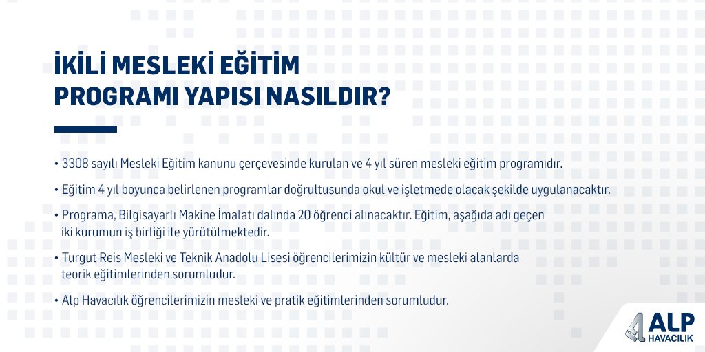 AlpKariyer's tweet photo. Alp Havacılık İkili Mesleki Eğitim Programı yeni dönemi başlıyor.

#AlpHavacılık #AlpHavacılıkKariyer #MeslekiEğitim https://t.co/tX42dVq3wv