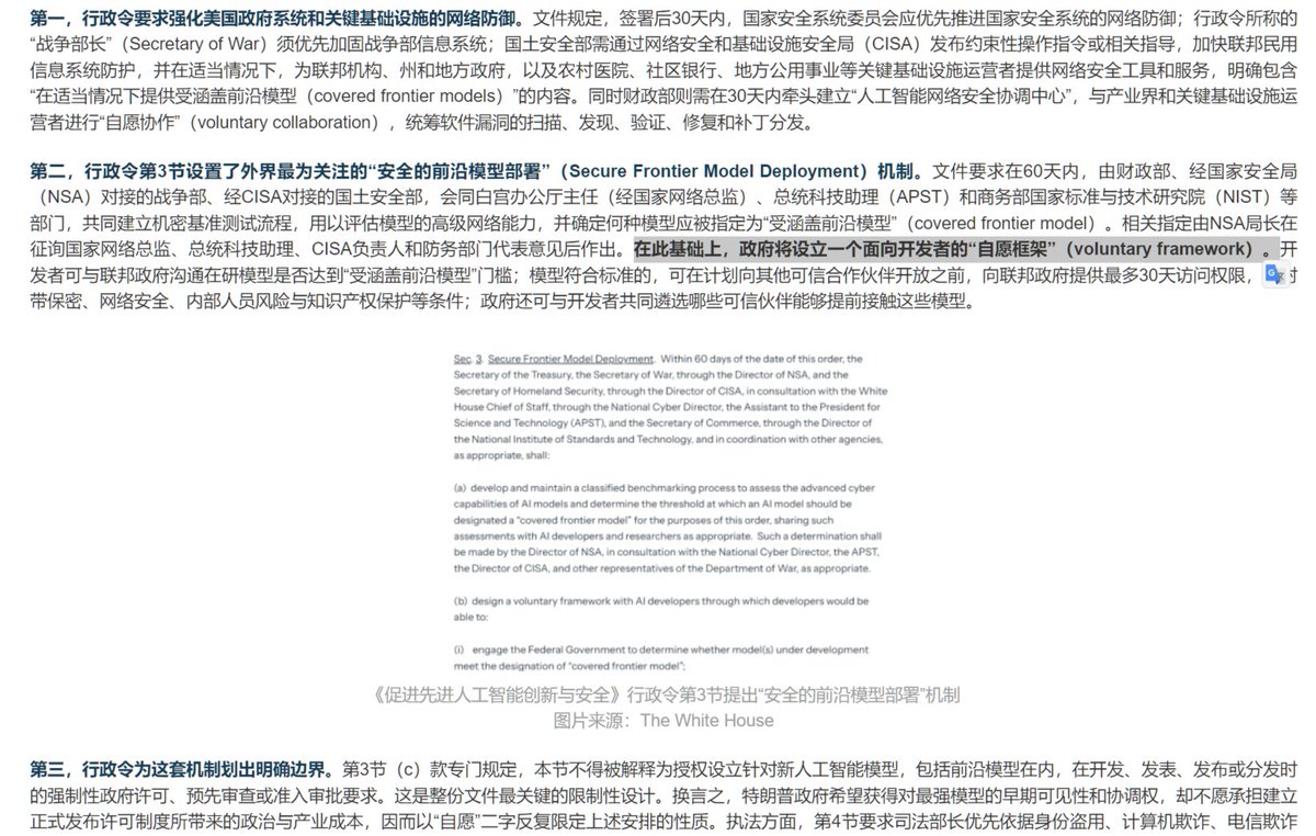 rof2064's tweet photo. “自愿”的边界：白宫最新人工智能行政令的政策折中与安全回摆
2026-06-07

《促进先进人工智能创新与安全》（Promoting Advanced Artificial Intelligence Innovation and Security）

“这种既防范又依赖的矛盾，正是行政令复杂底色的一部分。” https://t.co/ezCrdNbmU5