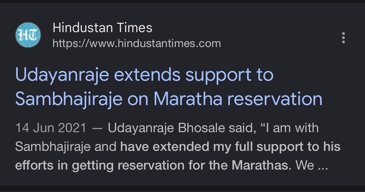 Syngh_Unleashed's tweet photo. Lol, at least get your facts straight before coping. Udayanraje never opposed Maratha reservation, infact, he fully supported Sambhajiraje’s demands for it (although he occasionally advocated that it should be based on economic conditions). It’s funny how Marathas change the ‘de-jure head’ of their 96 koolie biradari based on the narrative.

Rajputs themselves boycott Karni Sena for their agenda of accepting the claims of every LC community (Lodhis, Kushwahas & so on) to Rajput identity, since when did they become the representatives of our community? Neither did the Rajput Royals support their demand, nor was any such scheme actually implemented for Rajputs (unlike in case of Marathas).