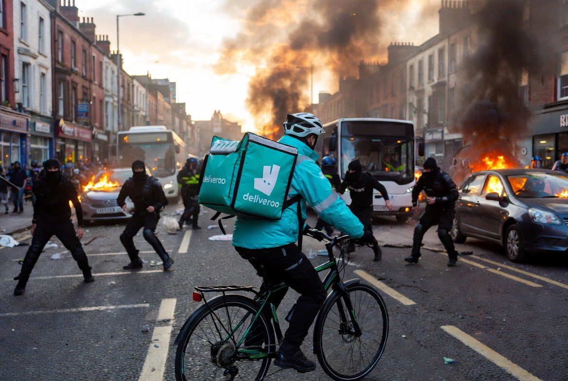 NewIrishRising's tweet photo. Waiting for it all to kick off again so I can get a migrant Deliveroo rider to drop me off a subway sandwich past the roadblocks. https://t.co/1HA1hwpa8h