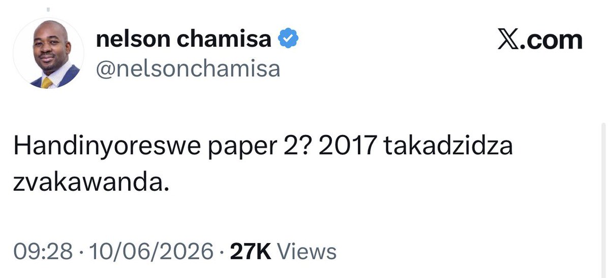 daddyhope's tweet photo. Former Zimbabwean opposition leader Nelson Chamisa has come out in the open and made it absolutely clear that he would not support another military coup in Zimbabwe. By implication, he would not support any military coup against President Emmerson Mnangagwa.

In a tweet, Chamisa said he would not be made to “write Paper 2” again, a euphemism widely understood to mean that he would not repeat the role the opposition played during the events of November 2017, when the military intervened and removed former President Robert Mugabe from power.