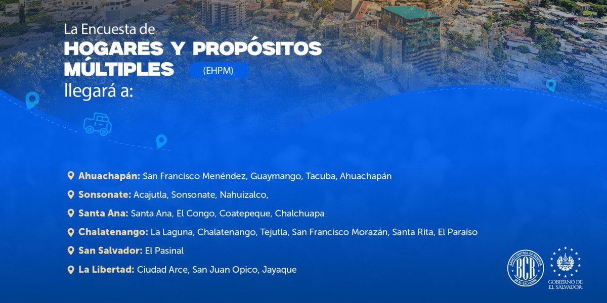 bcr_sv's tweet photo. 📢 Te compartimos la ruta de esta semana por parte de nuestros gestores de información para las encuestas de Precios, Económica, Turismo y Hogares de Propósitos Múltiples. https://t.co/dkORPPa18K