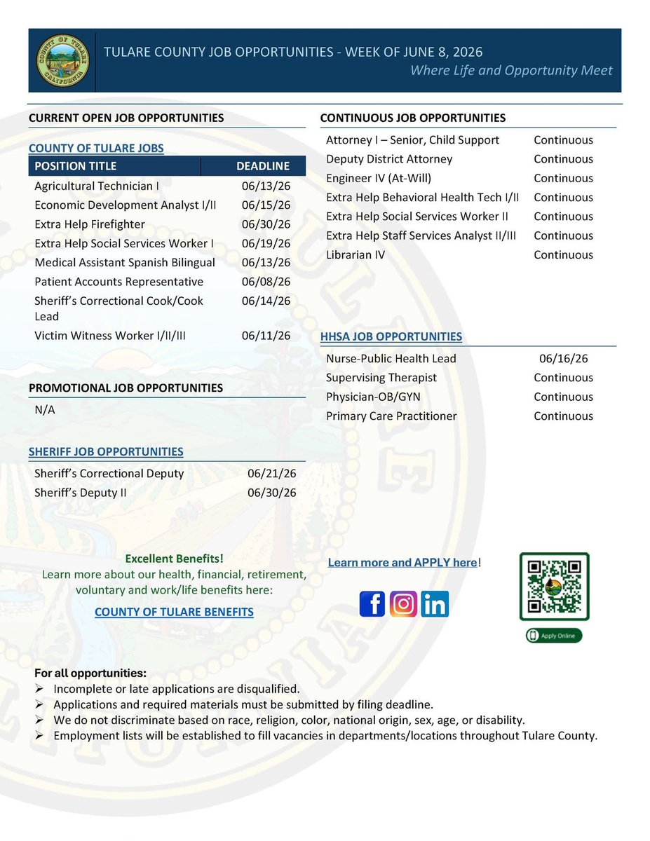 CountyofTulare's tweet photo. Ready for a new job?

Search openings now at https://t.co/LBcoMJjcV8

#TulareCounty #nowhiring #jobopenings #workhere https://t.co/5jLo7XnMfk