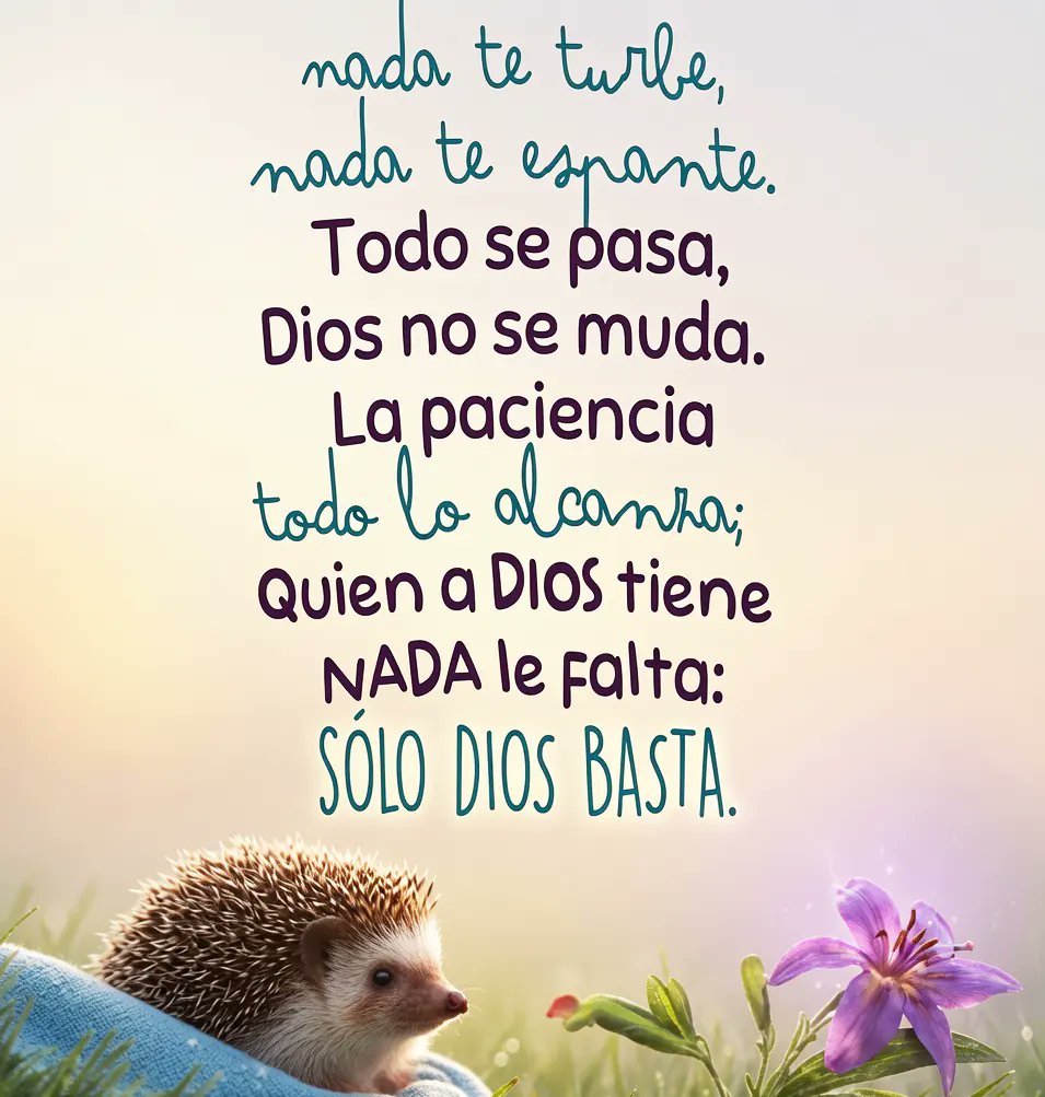 Pildorasdefe's tweet photo. Nada te turbe, 
Nada te espante.
Todo se pasa,
Dios no se muda.
La paciencia todo lo alcanza.

Quien a Dios tiene
NADA le falta.

¡Solo Dios basta! 😌 https://t.co/OumRQKuKDN