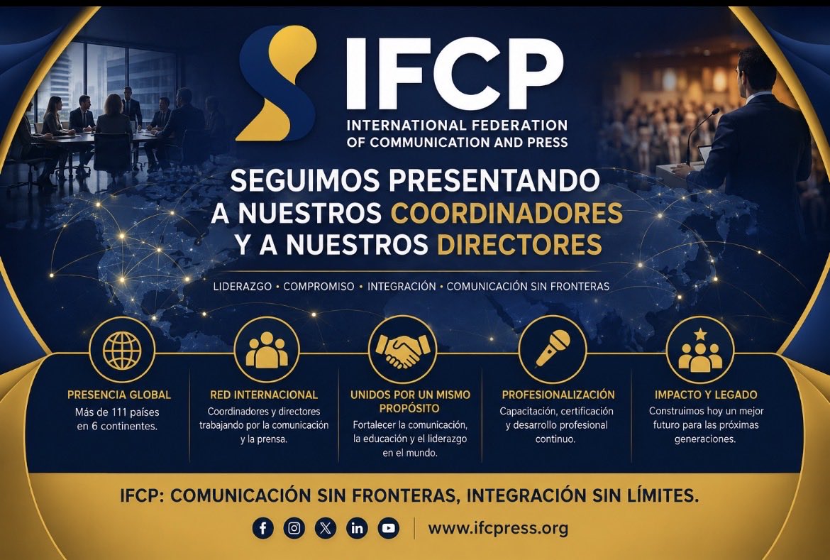 ifcpress1's tweet photo. IFCP SIGUE CRECIENDO EN EL MUNDO
Nos complace continuar presentando a nuestros Coordinadores Nacionales y Directores Internacionales profesionales comprometidos con la comunicación la prensa, la capacitación y el liderazgo en sus respectivos países Más de 111 países 6 continentes https://t.co/EyE1uUHkMp