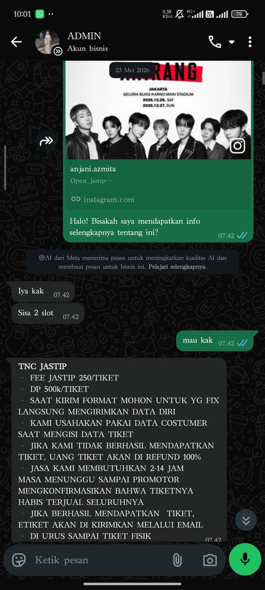 0wLy3ah's tweet photo. HELP RT‼️ SCAMMER BTS ARIRANG JKT
ig : anjani.azmita (saat ini kesuspend)
Bank BRI : 0019-0113-8089-509
.
awalnya temenku diminta dp, setelah itu disuruh fullpay. ga lama akunnya ilang dan ngga bisa dihubungi sampe sekarang. buat kalian pls be careful dan jgn panic buying yaaa💜 https://t.co/iIeuNhSWgY