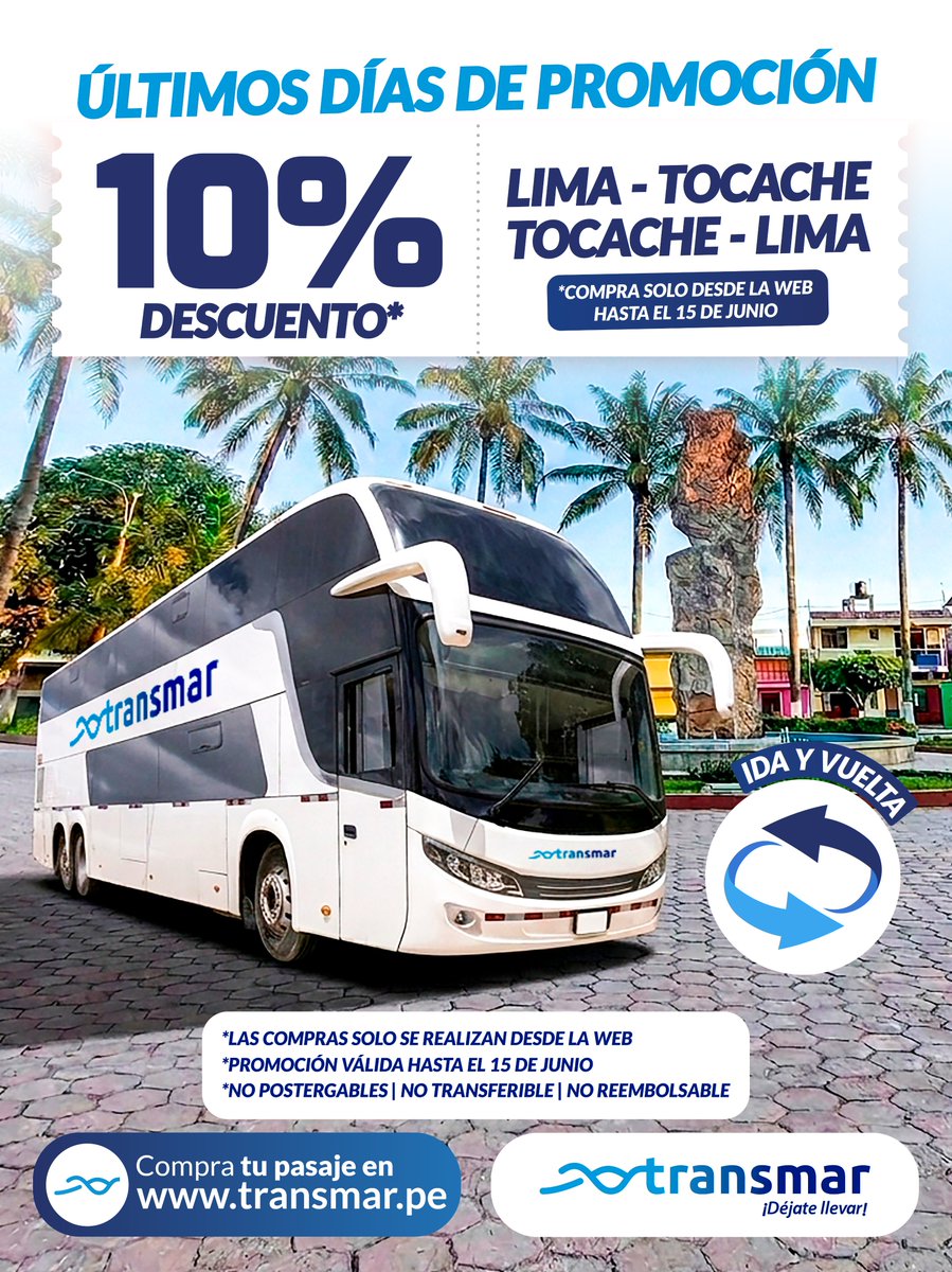 Transmar1's tweet photo. ✔️10% DE DESCUENTO SI COMPRAS DESDE LA WEB
🗣️Aprovecha esta PROMOCIÓN previa a la Fiesta de SAN JUAN

🚌➡️PROMOCIÓN LIMA - TOCACHE | TOCACHE - LIMA (IDA Y VUELTA)🚌
🚌➡️PROMOCIÓN LIMA - PUCALLPA (TURNO: 7:30 PM.)🚌 https://t.co/Ecyuzvtf53