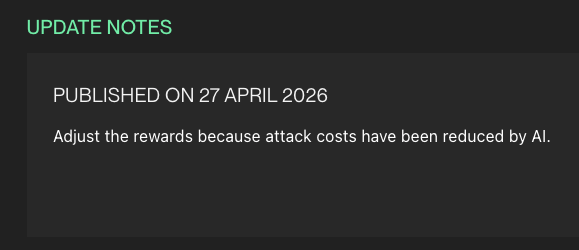 WhiteHatMage's tweet photo. Bounty program update:

"Our code was so easy to break that we had to lower the rewards. We hope the low-cost AI submissions will catch all the remaining vulnerabilities." https://t.co/1D4l8MrMdX