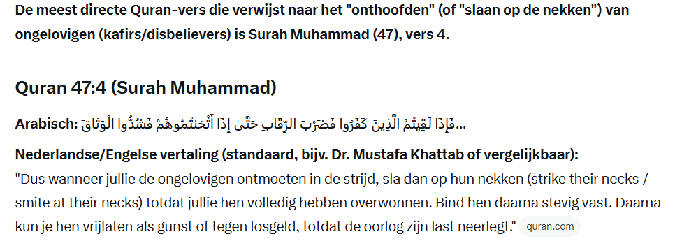 fmeeus1's tweet photo. Ik wil niet moeilijk doen, maar moslims die de heilige woorden van profeet M opvolgen , doen gewoon wat M zei tijdens zijn islam bekerings-veroveringsstrijd : dood ongelovigen door onthoofding.
Quran vers 47:4 https://t.co/9c2Jp7j4hm