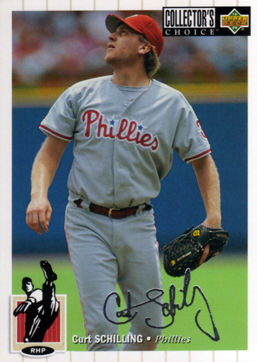 capewood's tweet photo. Phillies card of the day. 1994 Collector's Choice Silver Signature #253. A parallel set. to Collector's Choice with the facsimile signature in silver foil. You got 1 in every pack. Schilling went from 16-7 in '93 (his best year to date) to 2-8 in '94. https://t.co/UAihGOzkPg
