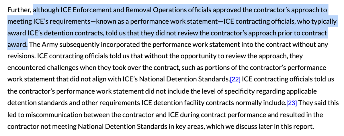 TylerMcBrien's tweet photo. Wild: to meet senior leader demands to sharply increase detention capacity, ICE &amp; Army turned to a pool of contractors w/ no "prior experience providing detention services" to run Camp East Montana—then awarded a contract but "did not review the contractor's approach" beforehand https://t.co/r24CbD6brB