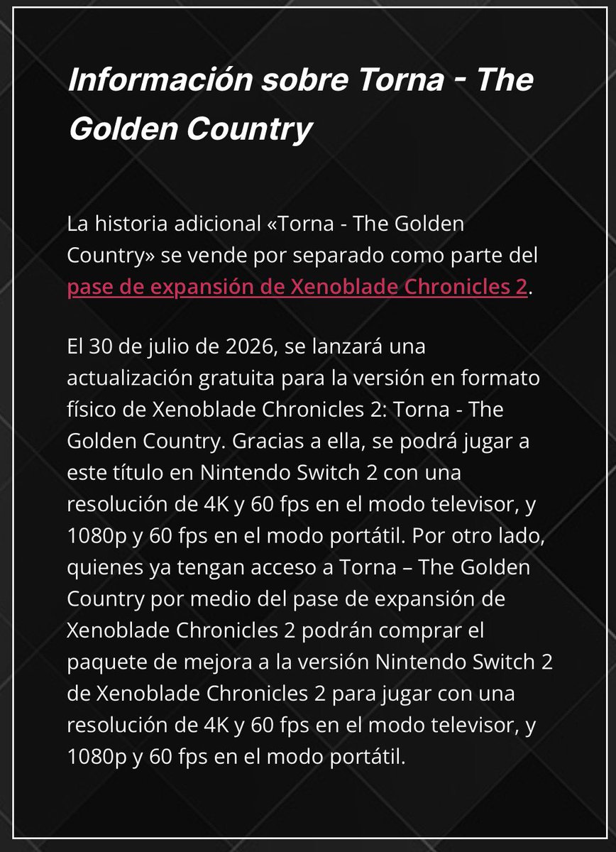 NWeedle's tweet photo. Si te preguntas por la Switch 2 Edition del Xenoblade Chronicles 2 Torna - The Golden Country:

👉 Si lo tienes FÍSICO el 30 de julio se lanza una actualización GRATUITA.
👉 Si lo tienes DIGITAL la mejora se incluye en el paquete de Switch 2 Edition de pago de Xenoblade Chronicles 2.

Las mejoras que trae son 4K 60fps en modo TV y 1080p 60fps en portátil.