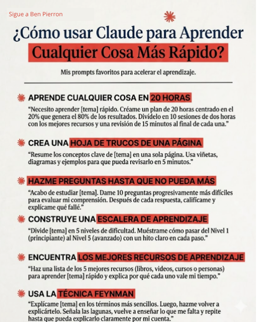 Ben_escrito's tweet photo. La mayoría de las personas usan la IA como si fuera Google.

Preguntan, leen y olvidan...

Yo la he estado usando como tutor personal durante los últimos meses,
Y la diferencia es mucho mayor de lo que parece.

Aquí está la diferencia:

Uso normal de IA:

→ hacer una pregunta
→ leer la respuesta por encima
→ seguir adelante (y no recordar nada)

Uso estructurado de IA:

→ planificador de estudio
→ compañero de evaluación
→ bucle de feedback
→ coach de aprendizaje

La misma herramienta. Resultado completamente diferente.

Estos son los 6 prompts a los que siempre vuelvo:

● APRENDE CUALQUIER COSA EN 20 HORAS

"Necesito aprender [tema] rápido. Crea un plan de 20 horas centrado en el 20 % de conceptos que generan el 80 % de los resultados. Divídelo en 10 sesiones de dos horas con una breve revisión al final de cada una."

La mayoría de los temas tienen 3 o 4 ideas clave que desbloquean todo lo demás.
Encontrarlas pronto te ahorra semanas de ir sin rumbo.

● CREA UNA HOJA RESUMEN QUE REALMENTE VAYAS A USAR

"Resume [tema] en una sola página. Usa viñetas, diagramas y ejemplos. Debo poder revisarlo en 5 minutos."

Si algo se puede revisar en cinco minutos, volverás a verlo con frecuencia.
Y esa repetición es lo que convierte la información en comprensión a largo plazo.

● PON A PRUEBA LO QUE CREES SABER

"Acabo de estudiar [tema]. Hazme preguntas cada vez más difíciles. Evalúa cada respuesta y explícame lo que me faltó."

Leer crea la ilusión de progreso.
Evaluarse revela lo que realmente sabes.
Esto convierte a la IA en un entorno de práctica.

● CREA UNA ESCALERA DE MAESTRÍA

"Divide [tema] en 5 niveles de dominio. Define las habilidades de cada nivel y qué hito demuestra que estoy listo para avanzar."

La mayoría aprende de forma aleatoria y luego se pregunta por qué se estanca.
Esto te da un mapa en lugar de un laberinto.

● FILTRA EL RUIDO

"Haz una lista de los recursos más valiosos para aprender [tema] rápidamente. Explica por qué cada uno merece mi tiempo."

Internet tiene información infinita.
Solo una pequeña parte merece realmente tu atención.
Este prompt te ayuda a centrarte en recursos que sí te hacen avanzar.

● EL BUCLE FEYNMAN

"Explícame [tema] de forma sencilla. Luego haz que yo te lo explique de vuelta. Encuentra los vacíos y vuelve a enseñarme lo que entendí mal."

Una de las formas más rápidas de aprender algo es enseñándolo tú mismo.
Esto obliga a tu cerebro a convertir información en comprensión.

Las personas que dominarán la próxima década no serán las que solo usen IA para trabajar más rápido.

Serán las que la usen para aprender más rápido que todos los demás.

Y esa ventaja se acumula.