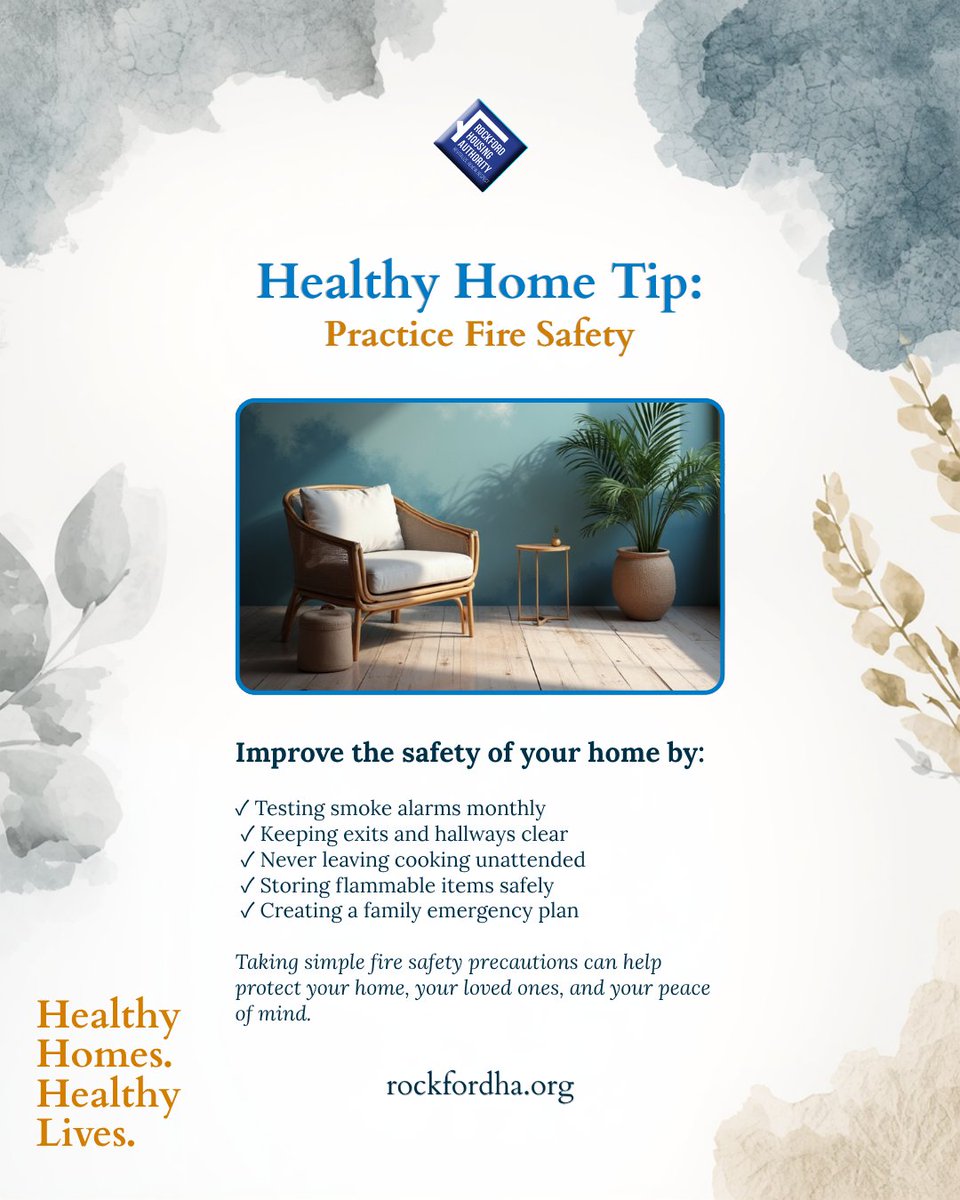 RockfordHousing's tweet photo. Fire safety starts with everyday habits.

Simple precautions like testing smoke alarms, keeping exits clear, and creating an emergency plan can help protect your home and the people you care about most.

This month's Healthy Home Tip focuses on practical fire safety measures that can make a big difference in an emergency.

Healthy Homes. Healthy Lives.
Learn more about Rockford Housing Authority and resident resources at https://t.co/5A1WYCCe7q.

#HealthyHomes #FireSafety #HomeSafety #RockfordHousingAuthority #RHA #CommunityWellness #SafetyFirst #AffordableHousing #RockfordIL