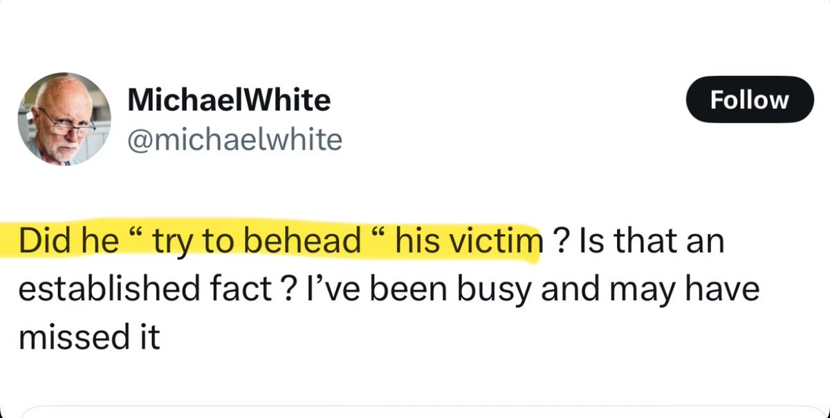 JoosyJew's tweet photo. The ex-associate editor of The Guardian, with his usual “I’m just asking questions” shtick. 

No Michael, after repeatedly stabbing and slashing the victim across the face, the sawing motion across his neck and throat was simply a traditional, ceremonial tickle dance. https://t.co/HX0UhvFFSL