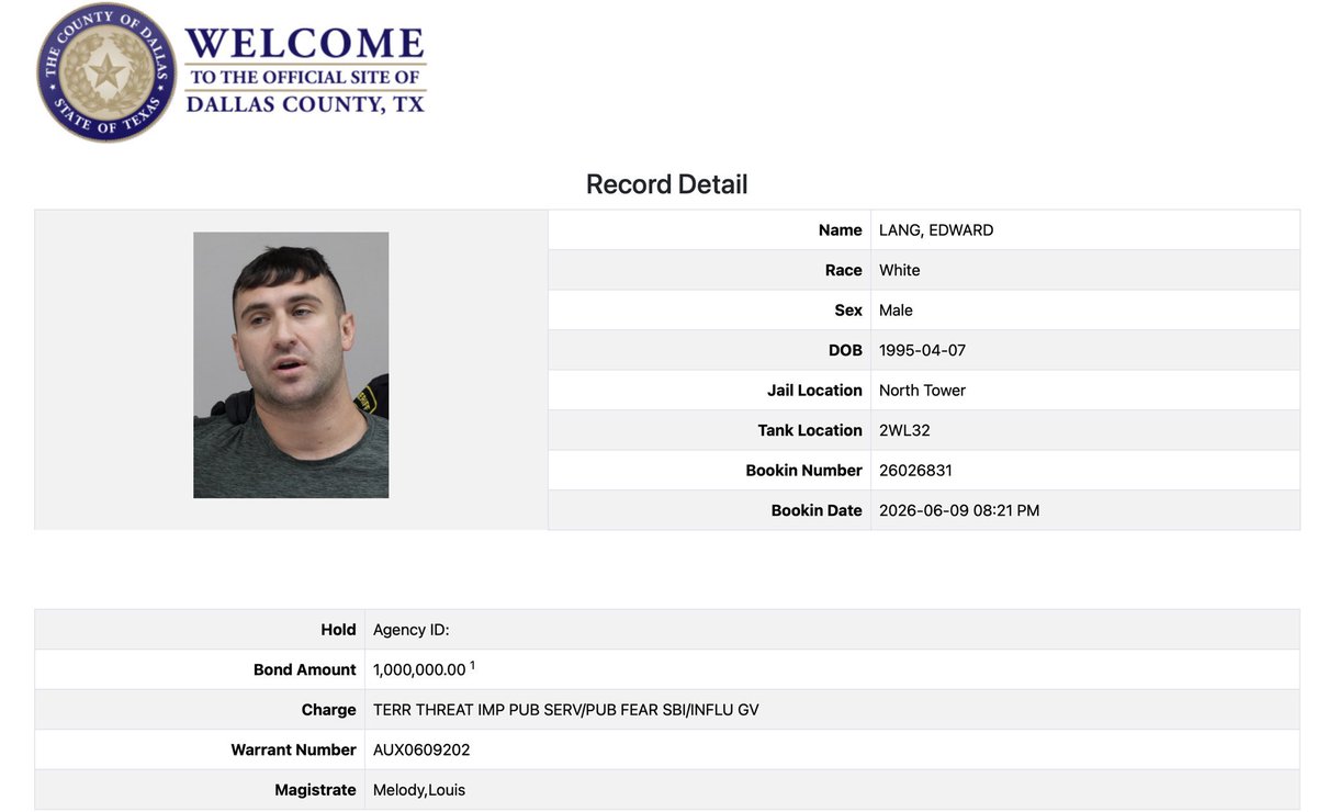 AndrewMercado's tweet photo. BREAKING: $1 MILLION BOND, JAKE LANG BOOKED INTO JAIL ON TERRORISTIC THREAT CHARGE

The Trump-pardoned January 6 terrorist Jake Lang has been booked into the Dallas County Jail and is being held on a $1 million bond, according to jail records.

The charge is listed as, you guessed it, Terroristic Threats. A pardoned convicted terrorist making terroristic threats all over the country. Weird. Nice mugshot ya weenie. 

Follow @SatireAP for the latest