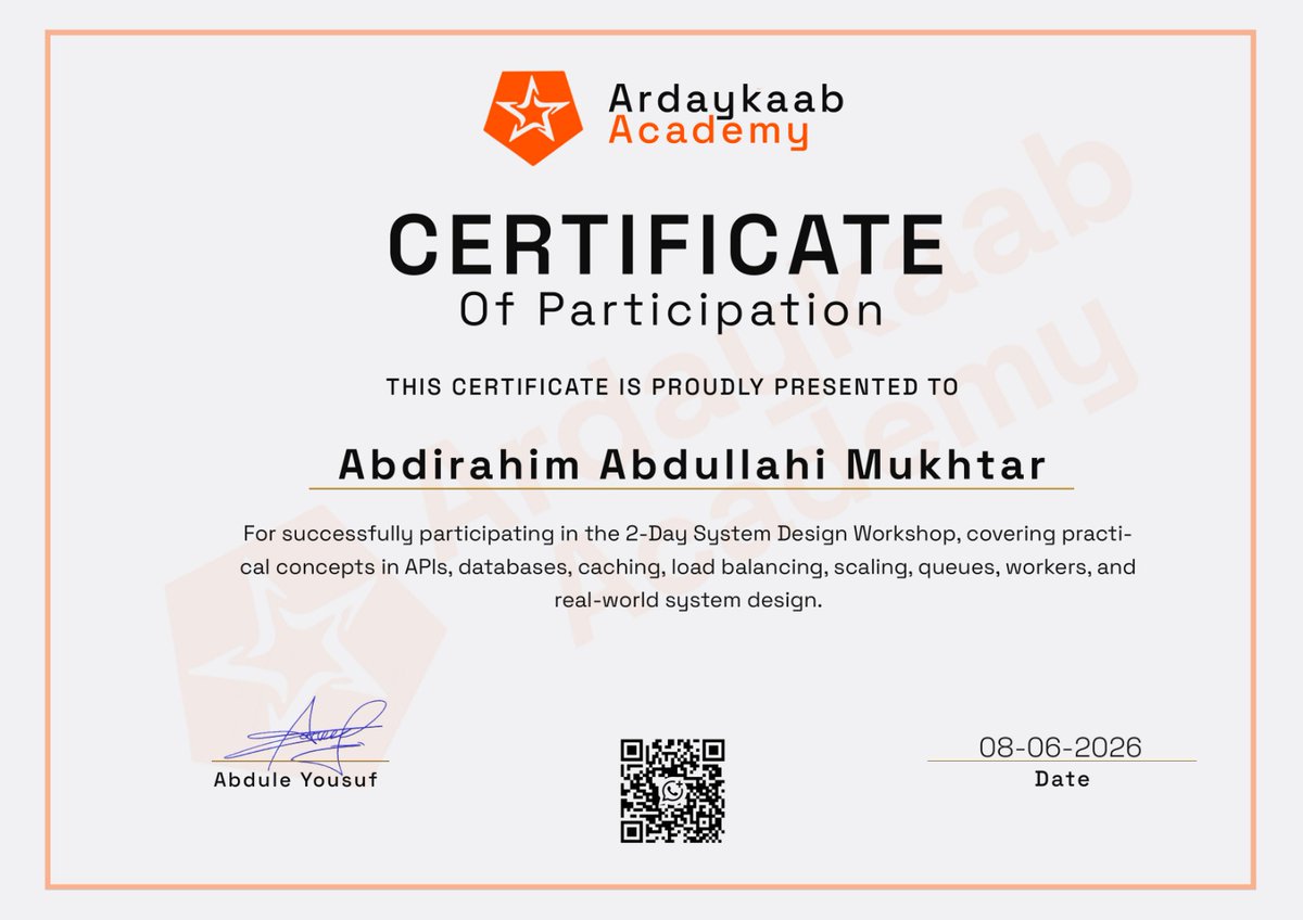 Abdirahimbasam's tweet photo. 🚀 I recently attended an intensive 2-day workshop: "𝐒𝐲𝐬𝐭𝐞𝐦 𝐃𝐞𝐬𝐢𝐠𝐧 𝟎𝟏: 𝐖𝐡𝐚𝐭 𝐄𝐯𝐞𝐫𝐲 𝐃𝐞𝐯𝐞𝐥𝐨𝐩𝐞𝐫 𝐒𝐡𝐨𝐮𝐥𝐝 𝐔𝐧𝐝𝐞𝐫𝐬𝐭𝐚𝐧𝐝," organized by @ardaykaab_aca  and delivered by Eng. @abdule_yo https://t.co/WFvOTFHhTq