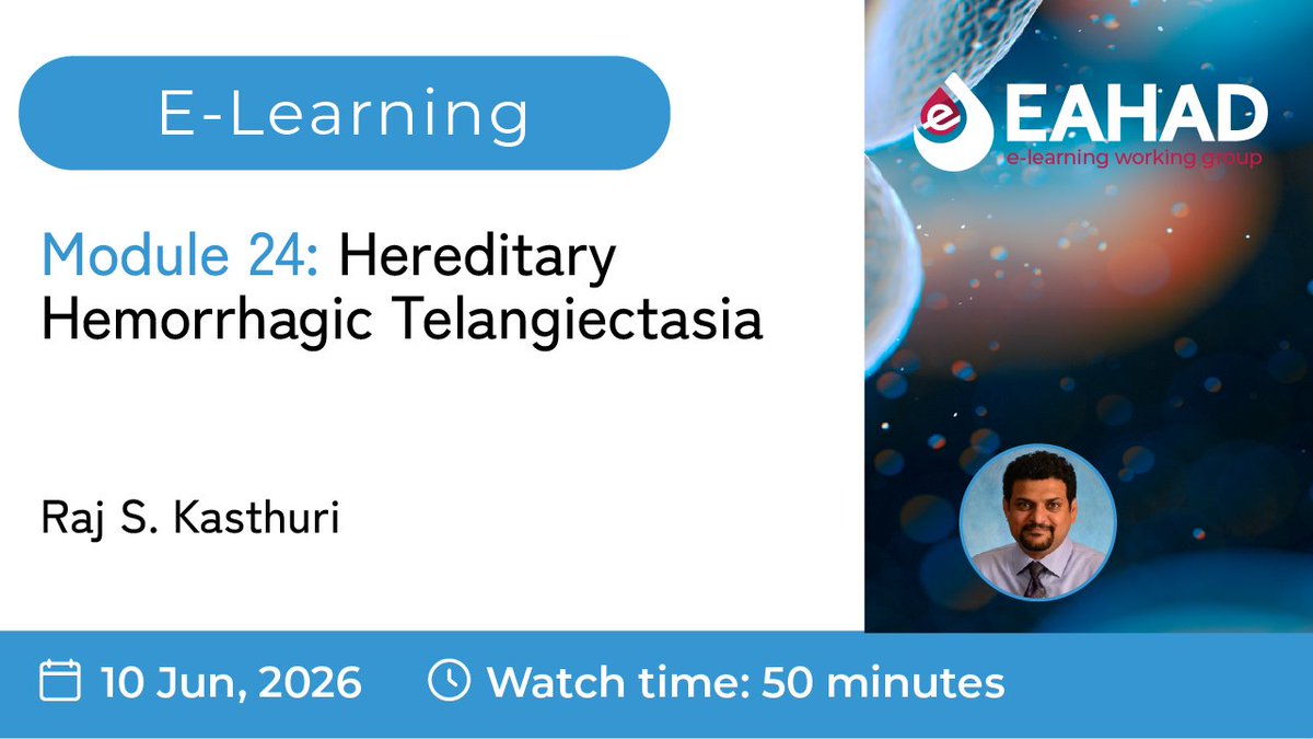 EAHADnews's tweet photo. 🎥 Watch the new e-learning module featuring Raj S. Kasthuri on Hereditary Hemorrhagic Telangiectasia (HHT) to review the genetic basis, pathophysiology, clinical manifestations, diagnostic criteria, and current management strategies for HHT: https://t.co/MPxJKF9sRU https://t.co/YaQyptHt0M