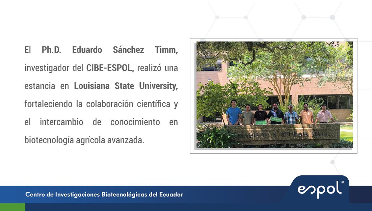 cibe_espol's tweet photo. 🌎🔬 La ciencia avanza cuando el conocimiento cruza fronteras!

El Ph.D. Eduardo Sánchez Timm, investigador del CIBE-ESPOL, realizó una estancia en Louisiana State University, fortaleciendo la cooperación con @espol en biotecnología agrícola y tolerancia del arroz al estrés hídrico y salino.