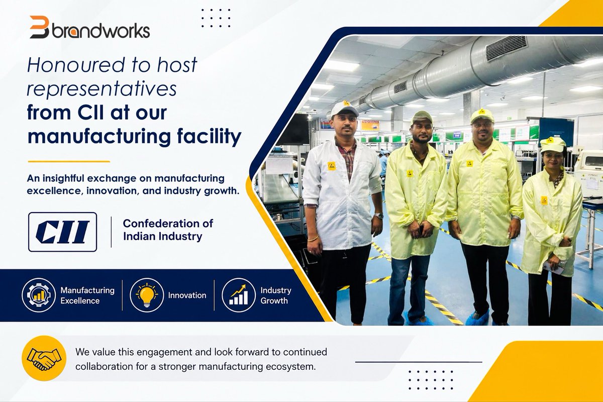 bwtechIN's tweet photo. Delighted to host representatives from the Confederation of Indian Industry at our facility.

A valuable opportunity to showcase our capabilities and exchange industry insights.

#BrandworksTechnologies #ManufacturingExcellence #Innovation #MakeInIndia #ElectronicsManufacturing https://t.co/h1jhfCLMtT