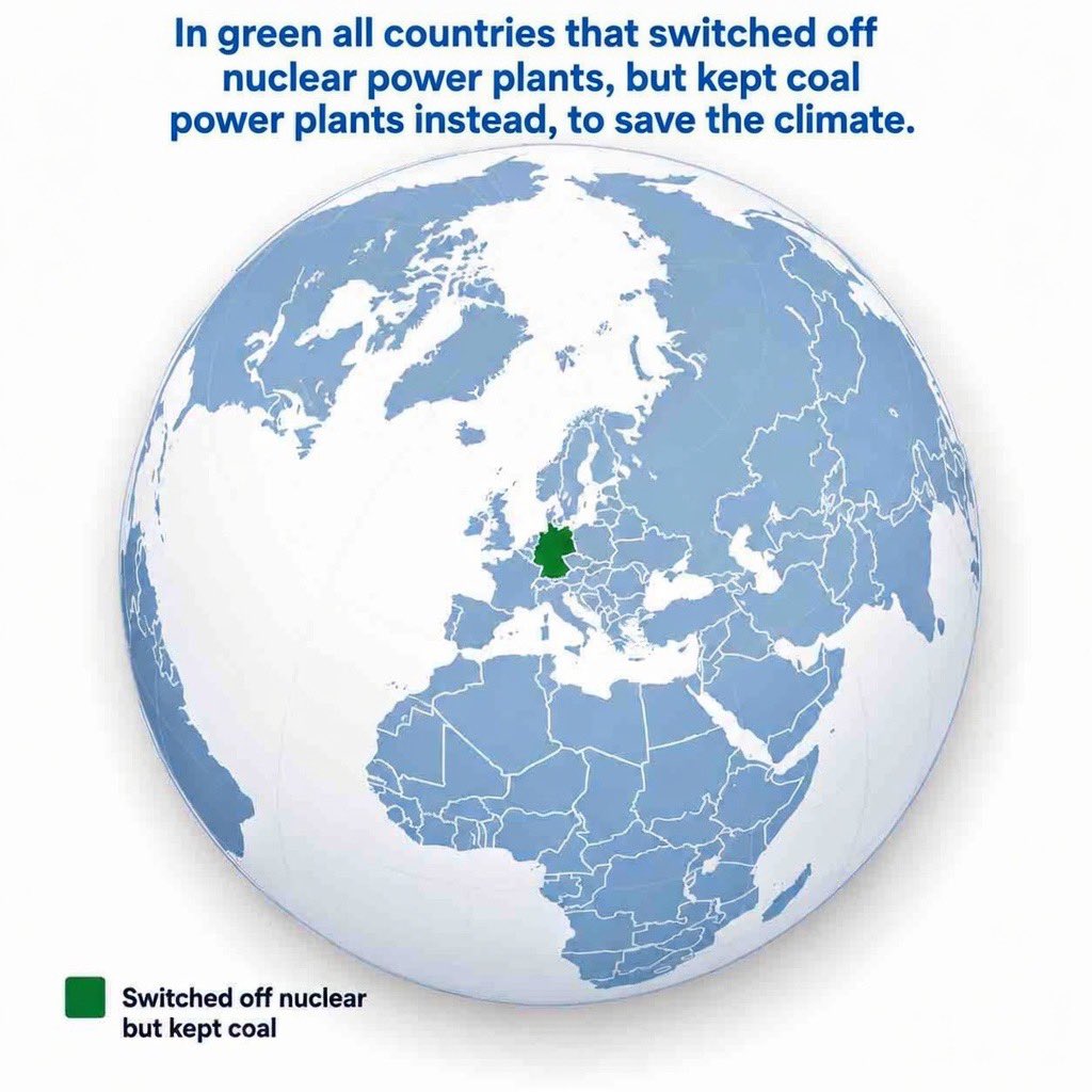 MichaelAArouet's tweet photo. This one is always funny. Only in Germany can you close zero-carbon nuclear plants, keep coal power plants running instead, and call it a green climate strategy.

Make it make sense if you can. https://t.co/KR2I6pi6bD