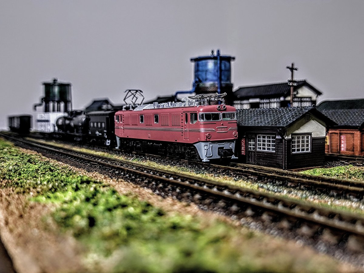 take7700gh5fs's tweet photo. ED46×貨物列車❕1959年、ある日の常磐線❕常磐線の交流電化に合わせて製造された機関車。50Hz交流で使うため整流器や主変圧器が搭載され、後のEF80への橋渡しとなりました。 #マイクロエース #ED46 #常磐線 #モジュールレイアウト #ジオラマ #Nゲージ #鉄道模型 #模型撮り鉄 https://t.co/BQeETBMILO