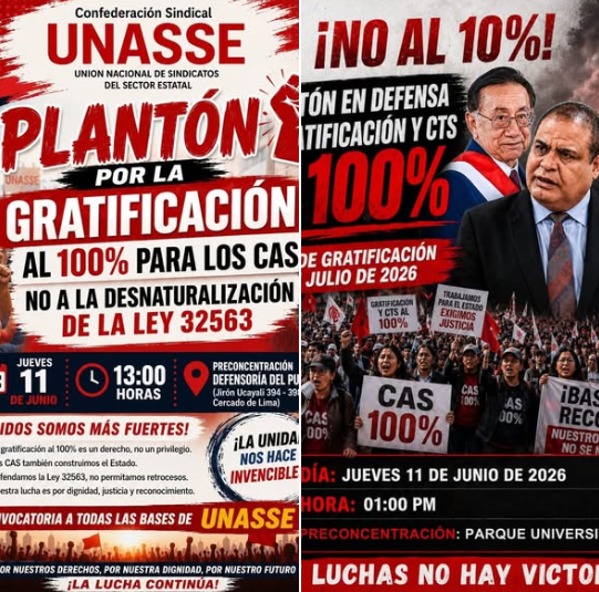 JovenCgtp's tweet photo. Trabajadores CAS de todo el país se movilizan este 11 de junio para exigir el pago de la gratificación y CTS al 100%, frente a la propuesta de otorgar solo el 10%.
CITE y UNASSE convocaron a sus bases a movilizarse en defensa de los derechos laborales del personal CAS. https://t.co/cRVNP29elc